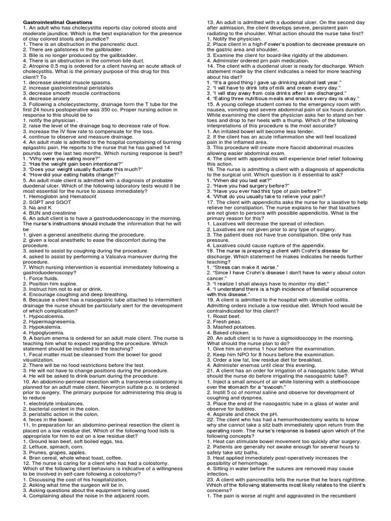 Gastrointestinal Nursing Quiz | PDF | Digestive System | Gastroenterology