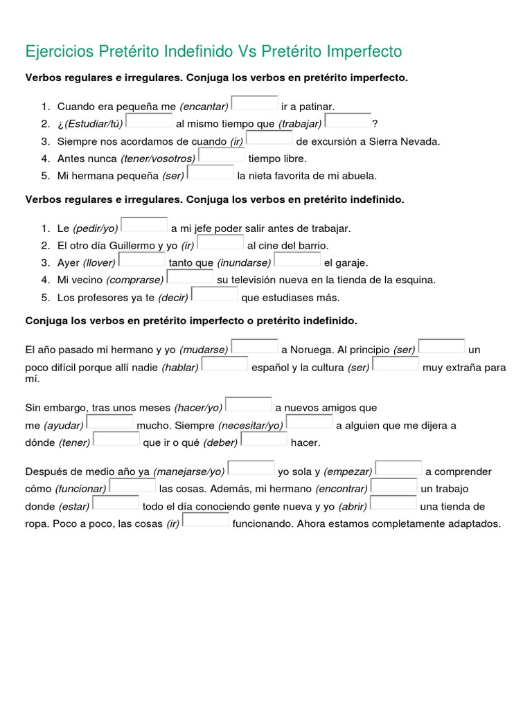 30 Ejercicios Para Practicar El Pretrito Indefinido