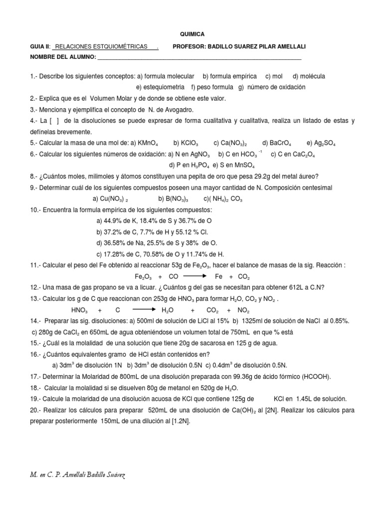 Guía de Estequiometría en Química | PDF | Mole (Unidad) | Concentración