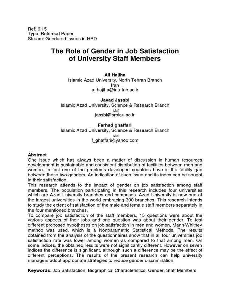 Gender Impact on University Staff Satisfaction | PDF | Job Satisfaction ...