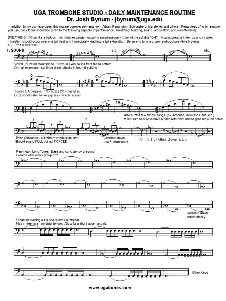 Uga Trombone Studio Daily Maintenance Routine Dr. Josh Bynum Jbynumuga Edu PDF