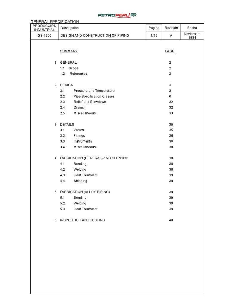GS-1300 Piping Design Specifications | PDF | Pipe (Fluid Conveyance) | Pump