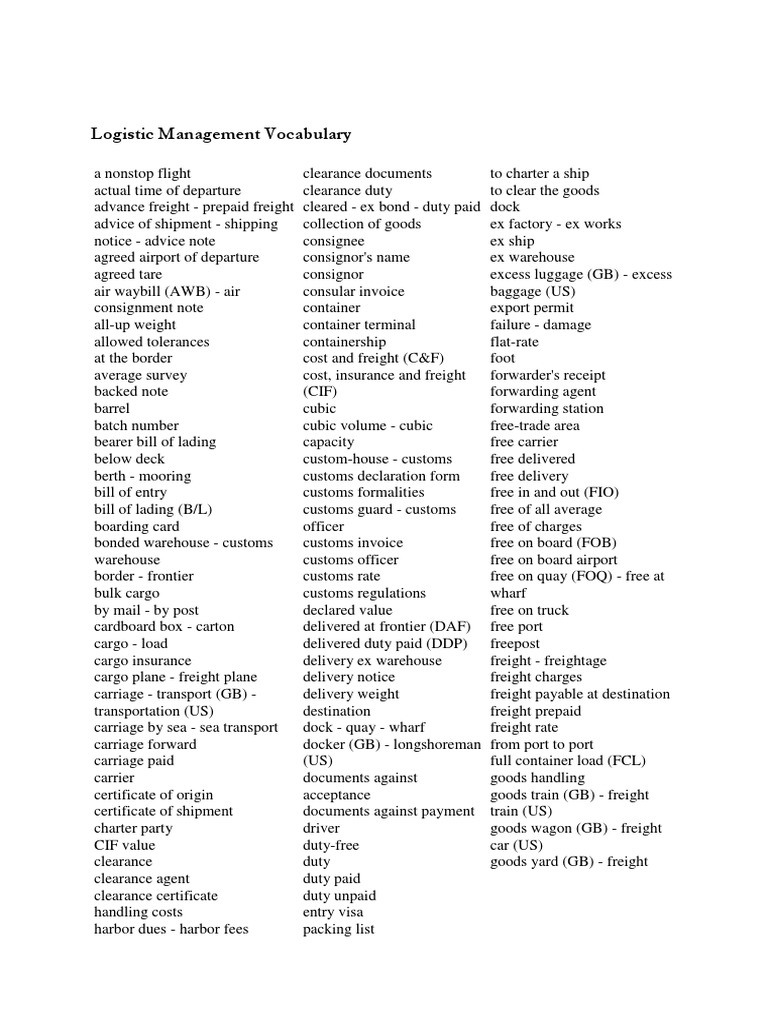 Logistic Management Vocabulary | PDF | Cargo | Bill Of Lading