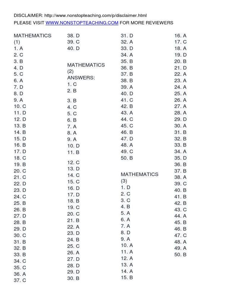 LET Reviewer Mathematics Answer Keys PDF