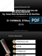 S1 Farmasi, Stikes BTH: Pengujian Mikrobiologi Dalam Aplikasi Industri Eg: Salep Mata Gentamicin & Uji Sterilitas