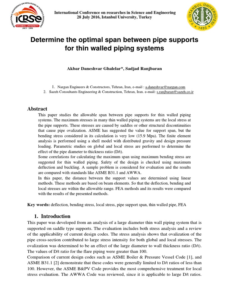Pipe Support Span for Thin Walled Systems | PDF | Bending | Stress ...