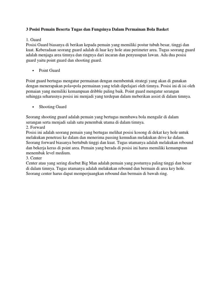 3 Posisi Pemain Beserta Tugas Dan Fungsinya Dalam Permainan Bola Basket