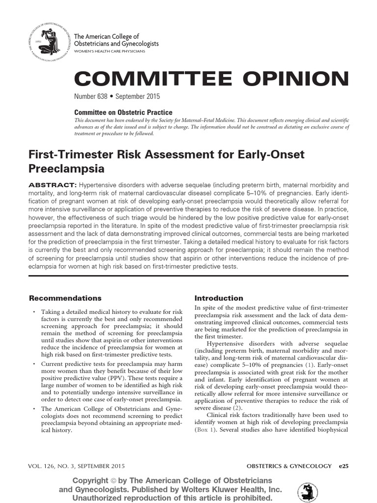 FirstTrimester Risk Assessment For EarlyOnset ACOG PDF Maternal