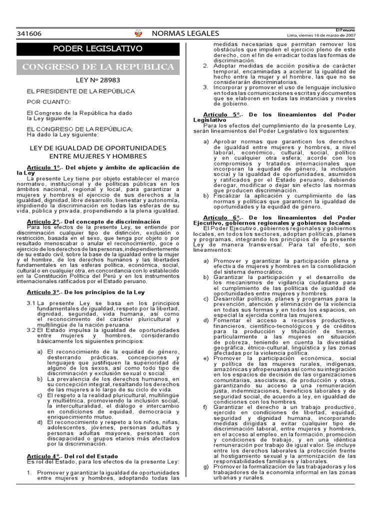 Ley de Igualdad de Oportunidades Entre Mujeres y Hombres (Ley #28983 ...