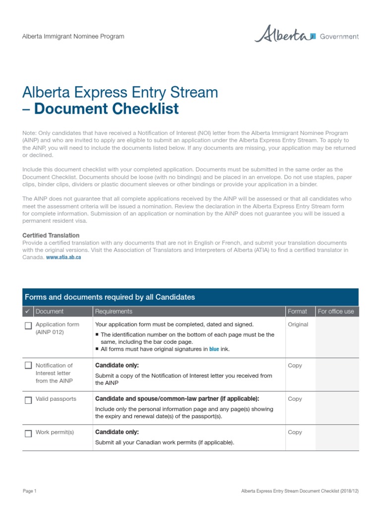 Alberta Express Entry Stream Document Checklist PDF Government
