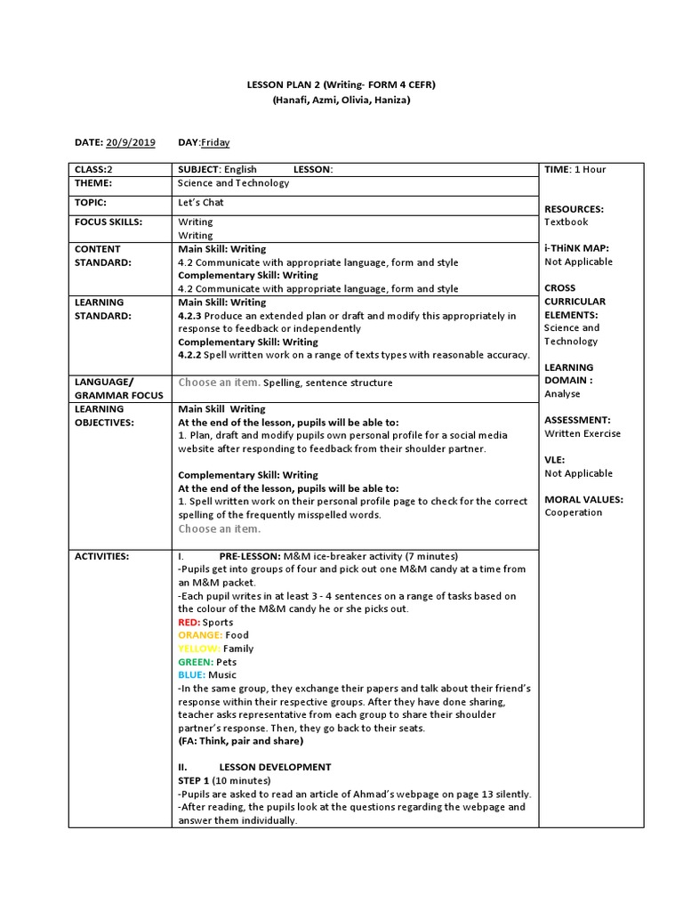 Sample Lesson Plan For Form 4 CEFR 2019 (Writing) | PDF | Spelling ...