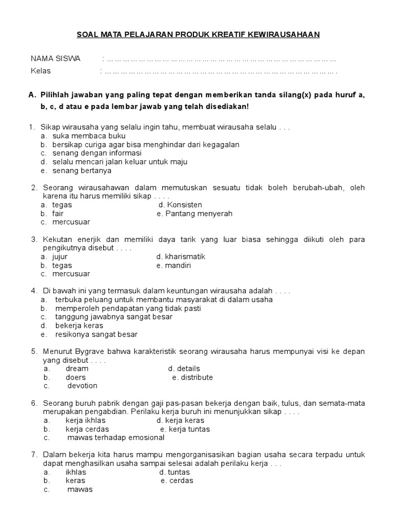 Soal Latihan Mempresentasikan Sikap Dan Perilaku Wirausaha Tak Ada Jawaban