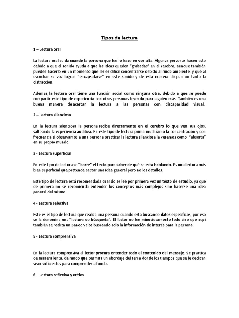 Tipos de lectura y sus características | PDF | Cognición | Ciencia ...