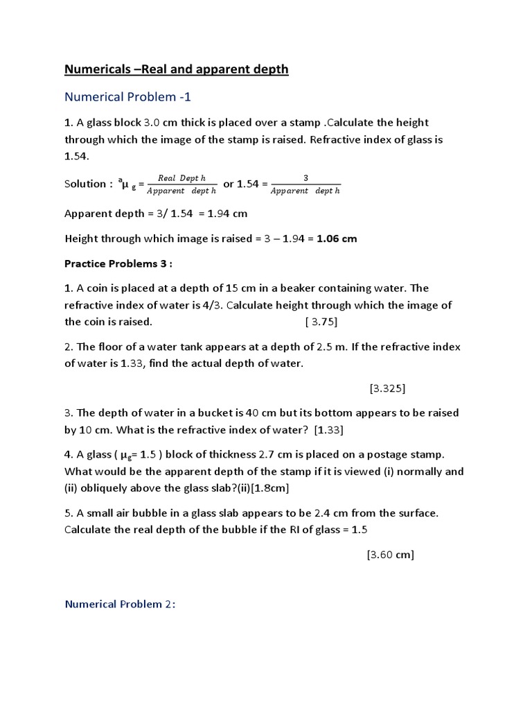 Real and Apparent Depth Calculations | PDF | Teaching Methods ...
