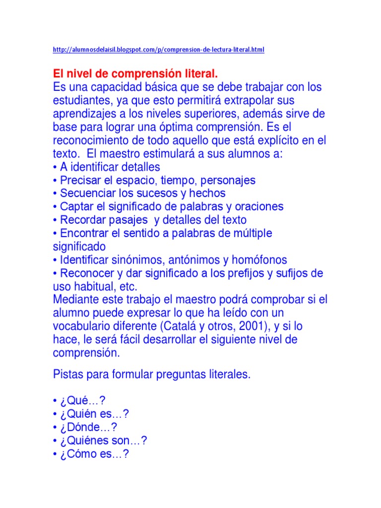 Niveles de Comprensión Lectora | PDF | Inferencia | Comprensión lectora