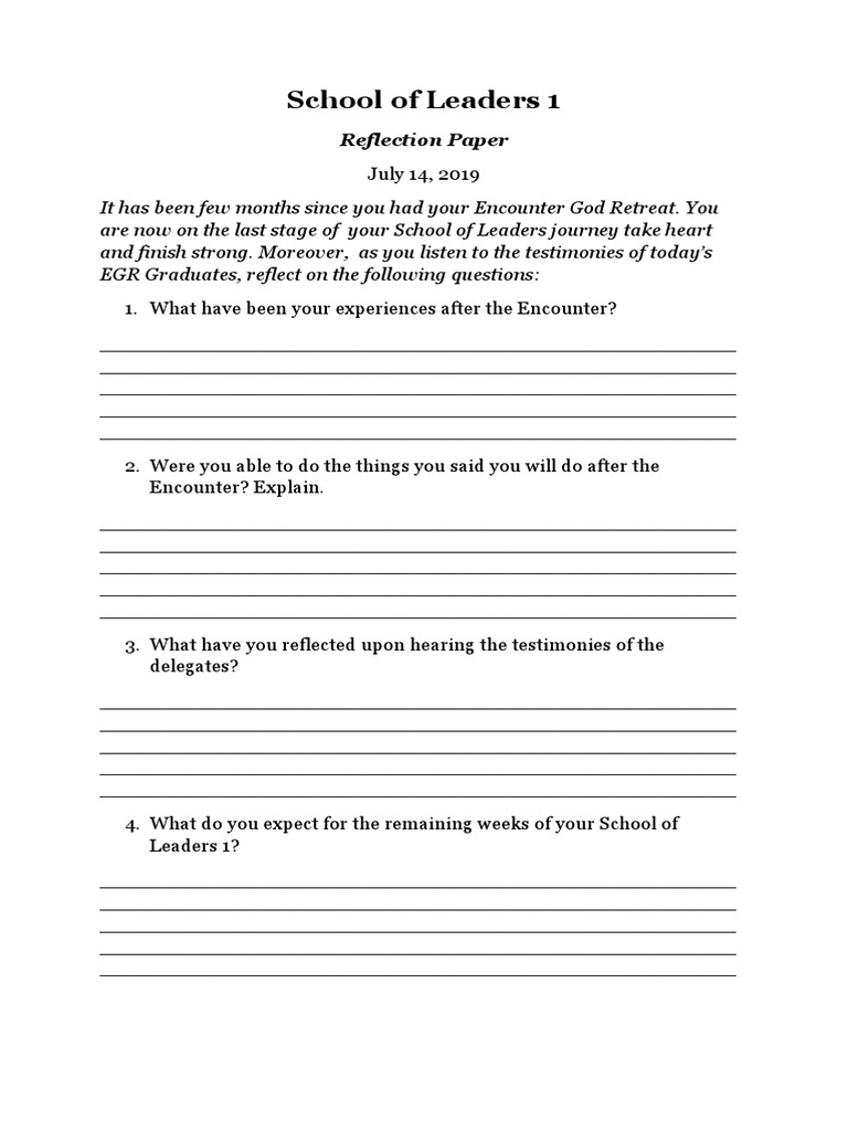 School of Leaders 1 Reflection Guide | PDF | Career & Growth