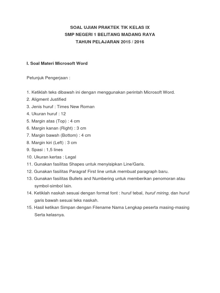 Soal Ujian Praktek Tik Kelas Ix