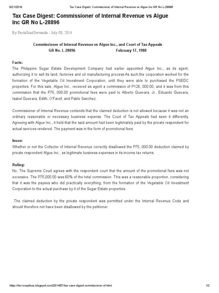 Tax Case Digest Commissioner Of Internal Revenue Vs Algue Inc Gr No L 286 Revenue Tax Deduction