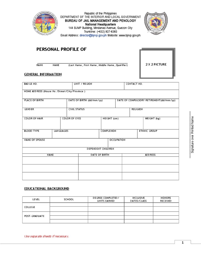 BJMP Personal Profile Form | PDF | Government | Justice