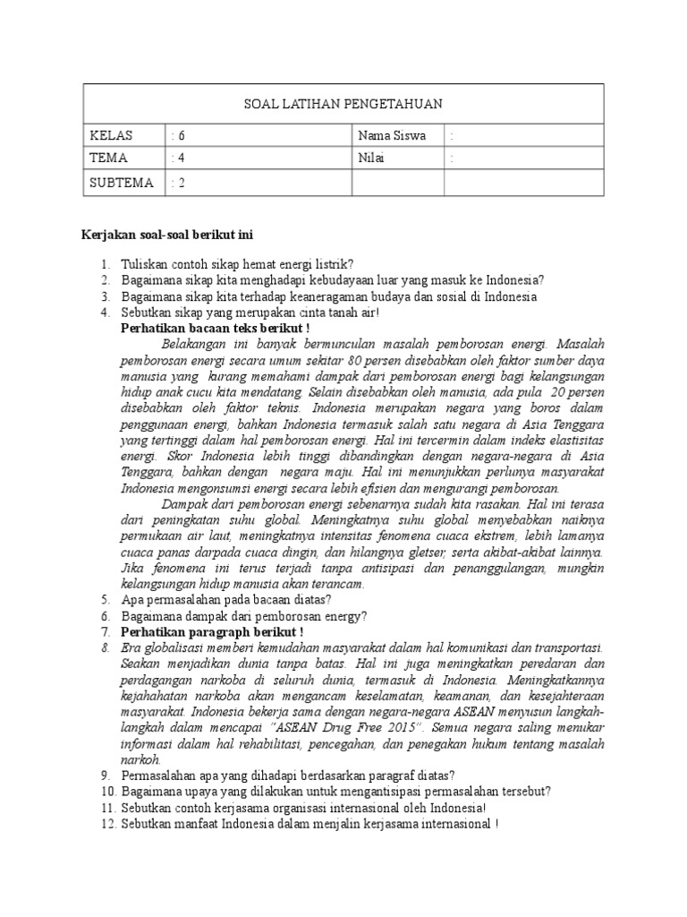 Soal Latihan Pengetahuan Tema 4 Sub 2 Pdf
