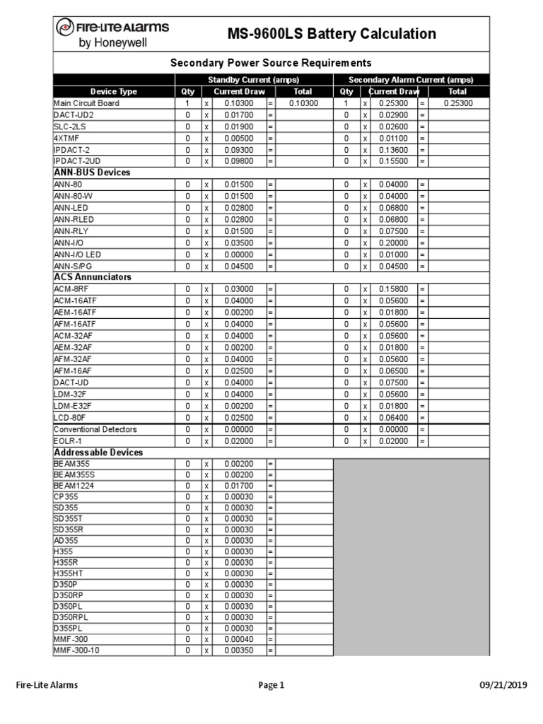 MS9600LS Battery Calculation Secondary Power Source Requirements