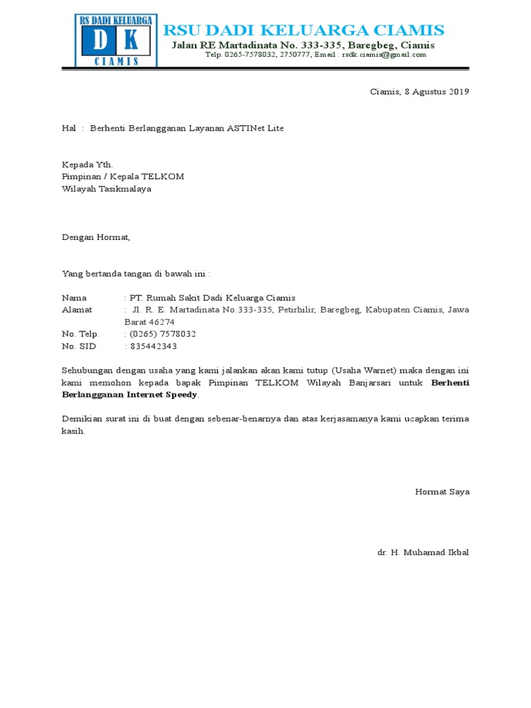 Surat Pemberhentian Layanan ASTINet Lite PDF