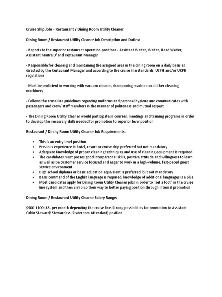 Cruise Ship Jobs Restaurant / Dining Room Utility Cleaner Dining Room