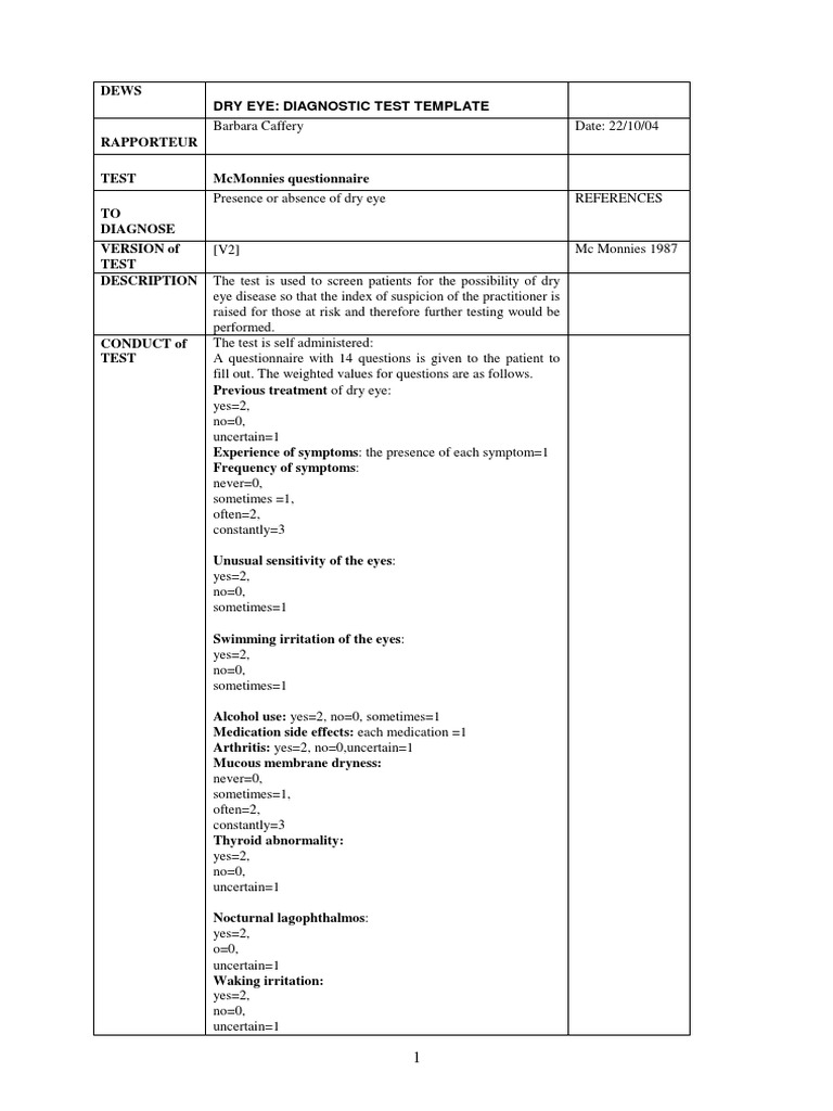 Questionnaire McMonnies Questionnaire (Caffery) PDF Sensitivity And