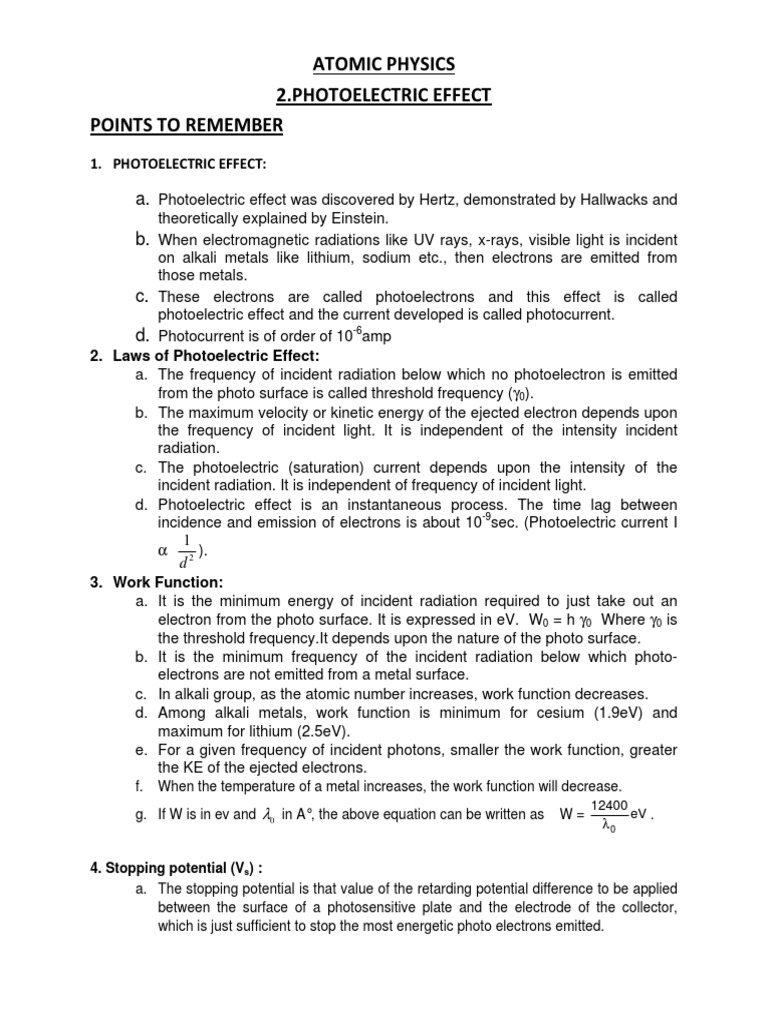 Atomic Physics 2.photoelectric Effect Points To Remember | PDF ...