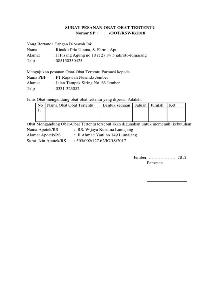 SURAT PESANAN OBAT OOT.