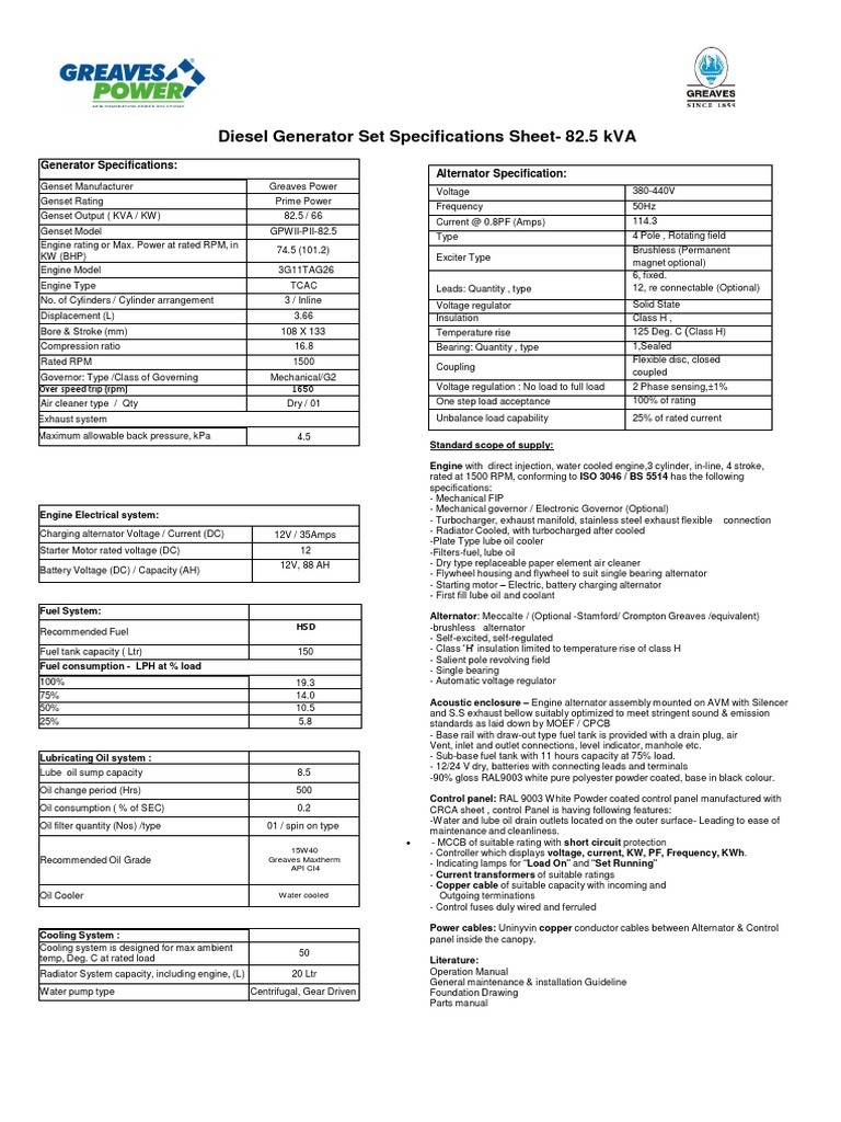 Diesel Generator Set Specifications Sheet82.5 kVA Diesel Engine