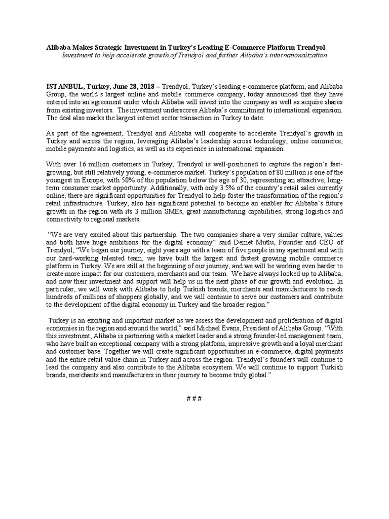 Investment To Help Accelerate Growth of Trendyol and Further Alibaba's