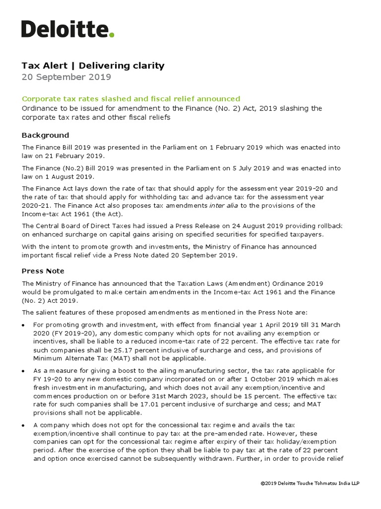 Deloitte Tax Alert Corporate Tax Rates Slashed and Fiscal Relief