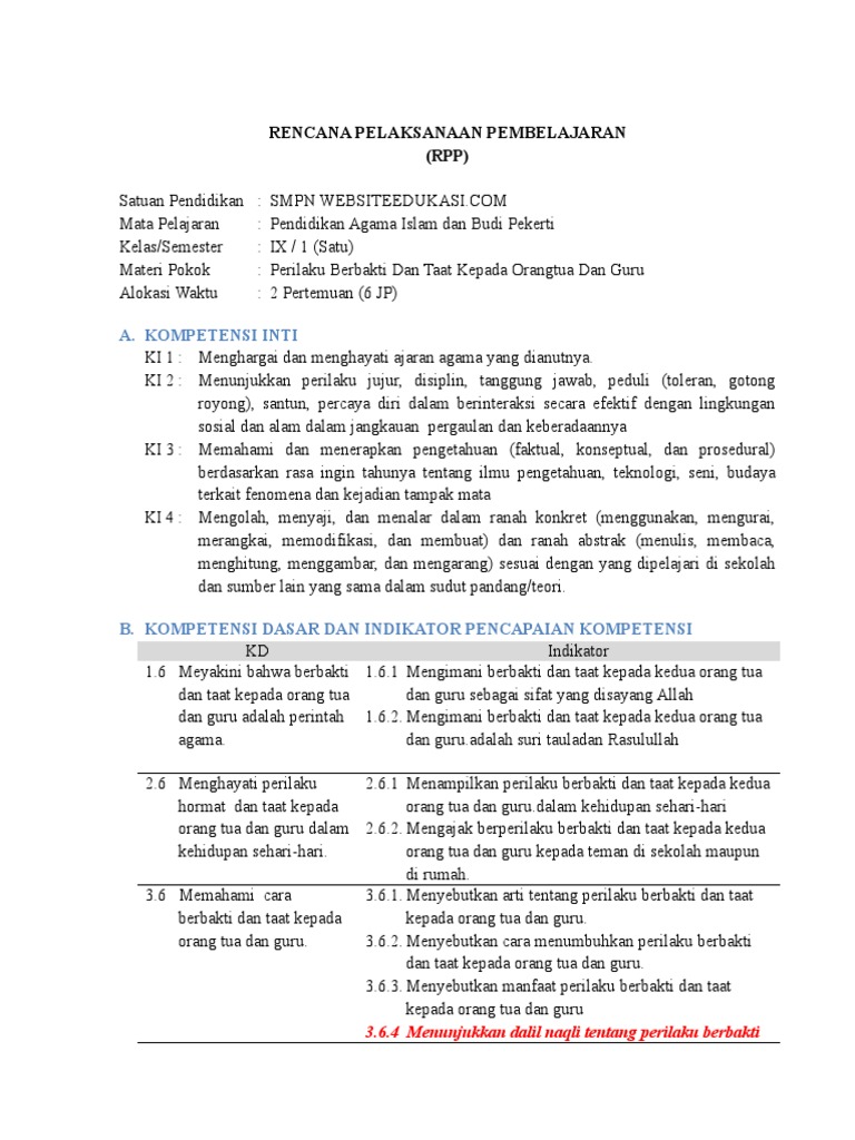 3 Rpp Pai K9 K13 Berbakti Dan Taat Kpd Ortu Dan Guru