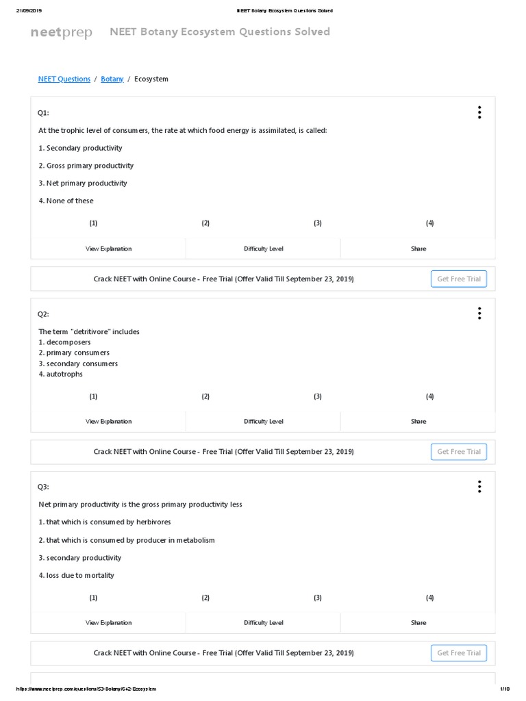 NEET Botany Ecosystem Questions Solved | PDF | Food Web | Ecosystem