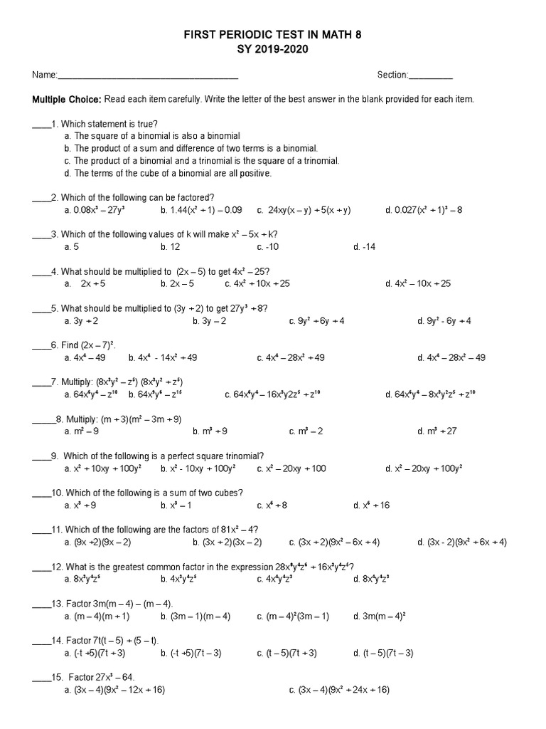 Grade 8 Math Periodic Test 1 | PDF | Factorization | Algebra