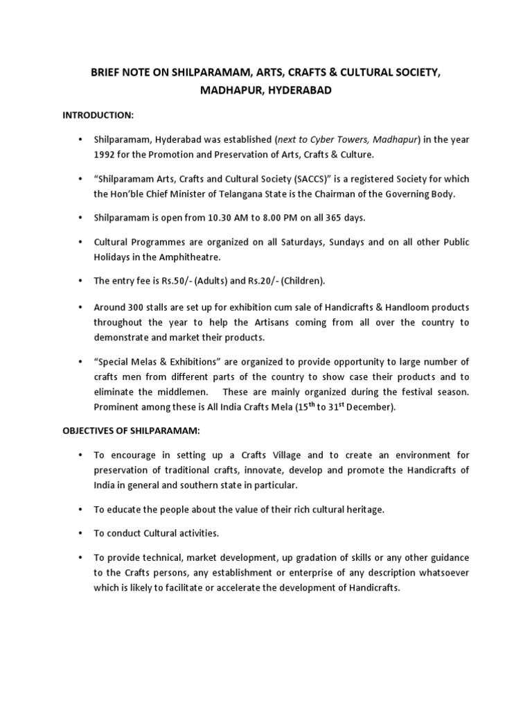 Brief Note On Shilparamam PDF Market Economics Exports
