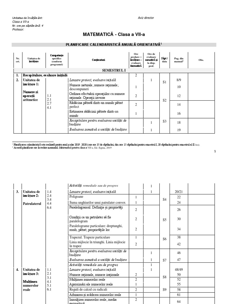 MATEMATICA Cls7 Planificare Anuala - SIGMA | PDF
