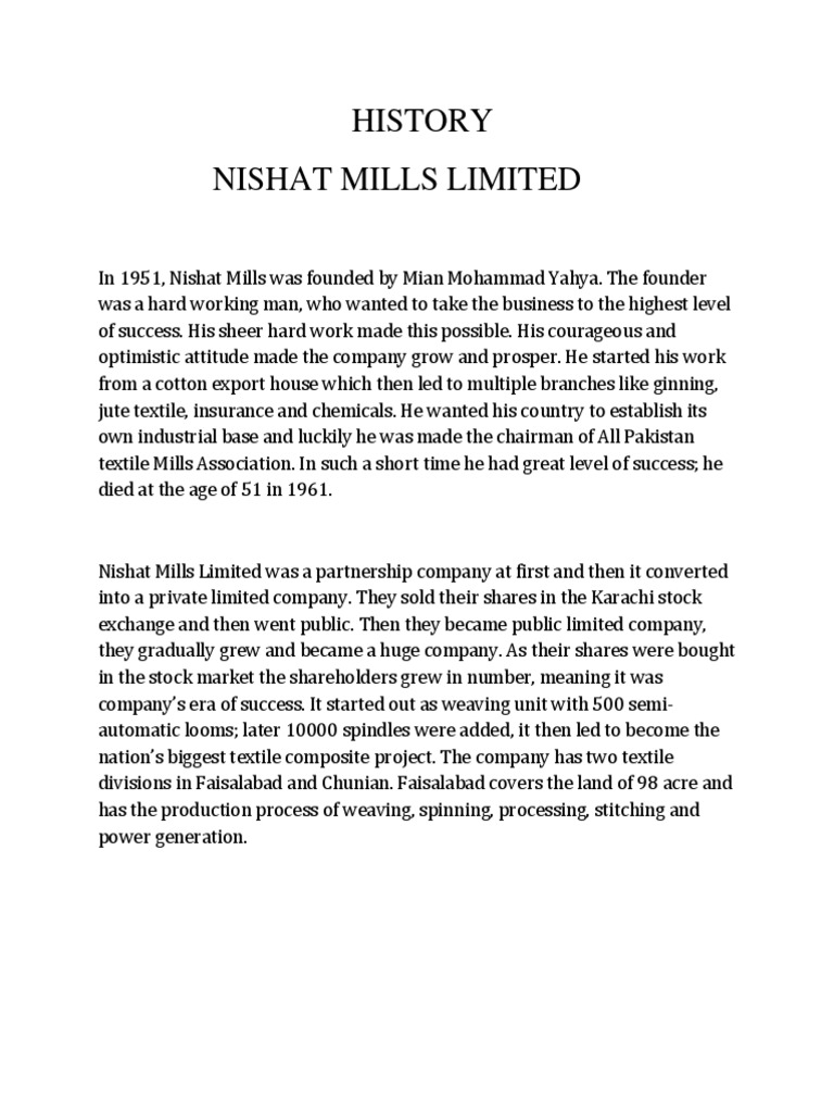 History of Nishat Mills Limited Download Free PDF Textile