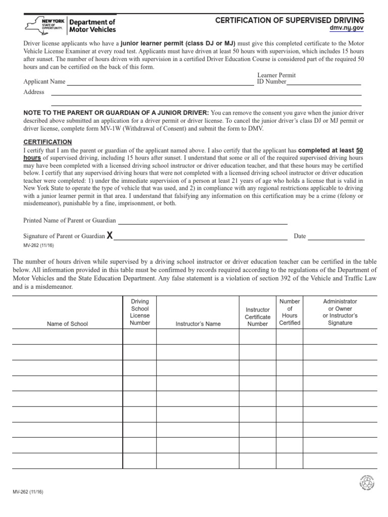 Certification of Supervised Driving Form | PDF | Driver's License | Driving