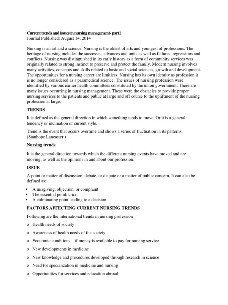 Trends and Issues in Nursing Management | PDF | Nursing | Alternative ...
