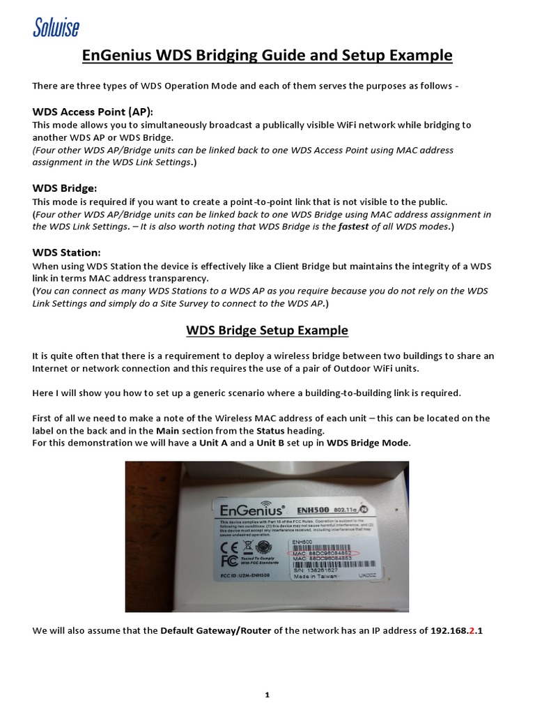Engenius Wds Bridge Setup Guide | PDF | Ip Address | Wireless Access Point
