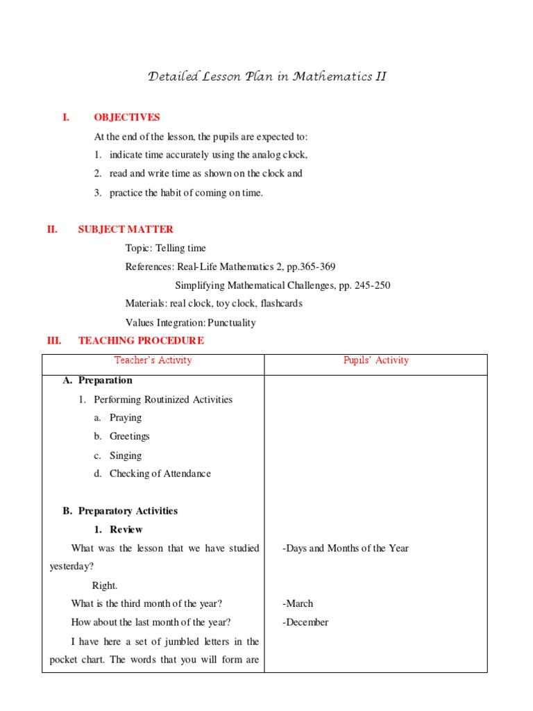 Grade 2 Math Lesson Plan: Telling Time | PDF | Clock | Hour