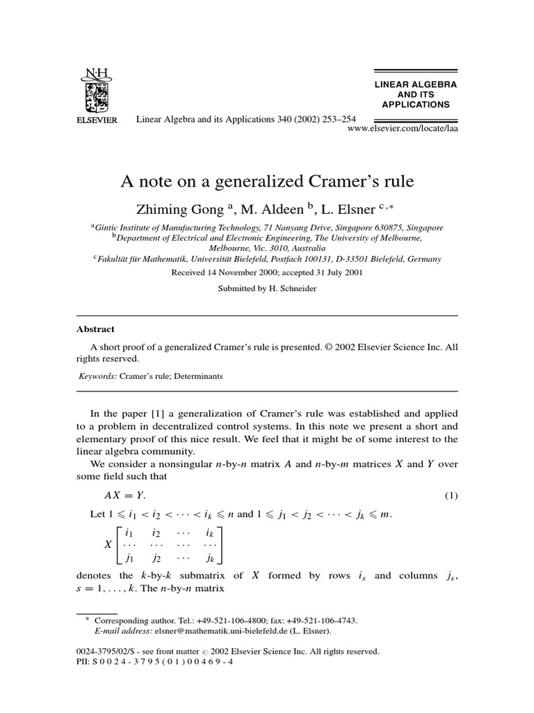 A Note On Generalized Cramer's Rule PDF Matrix (Mathematics
