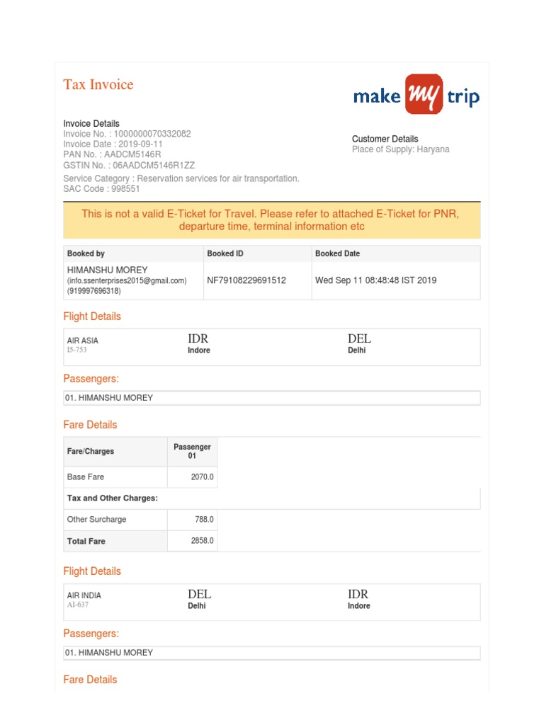 Tax Invoice for Air Travel Services | PDF | Invoice | Fee