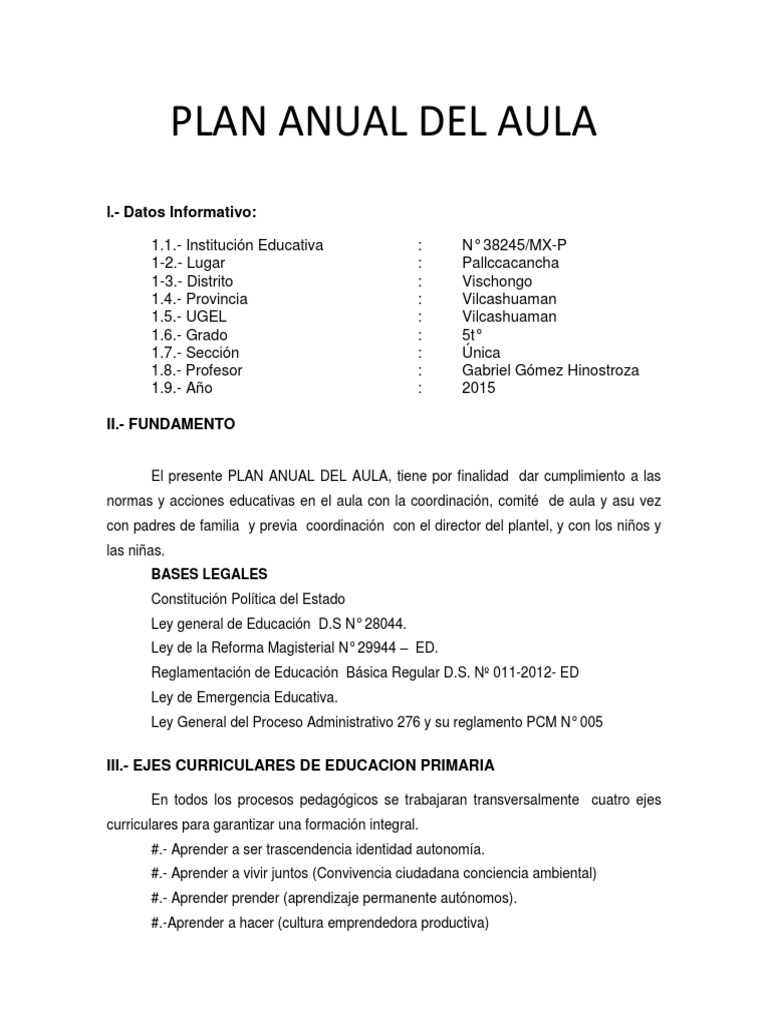 Plan Anual Del Aula | PDF | Evaluación | Maestros