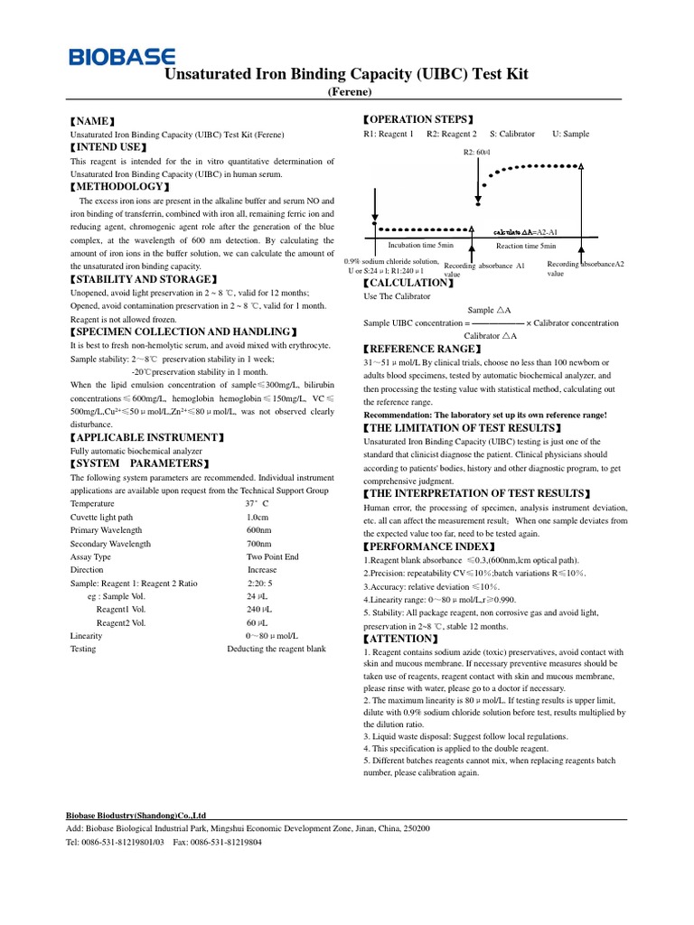 Unsaturated Iron Binding Capacity (UIBC) Test Kit (Ferene) PDF