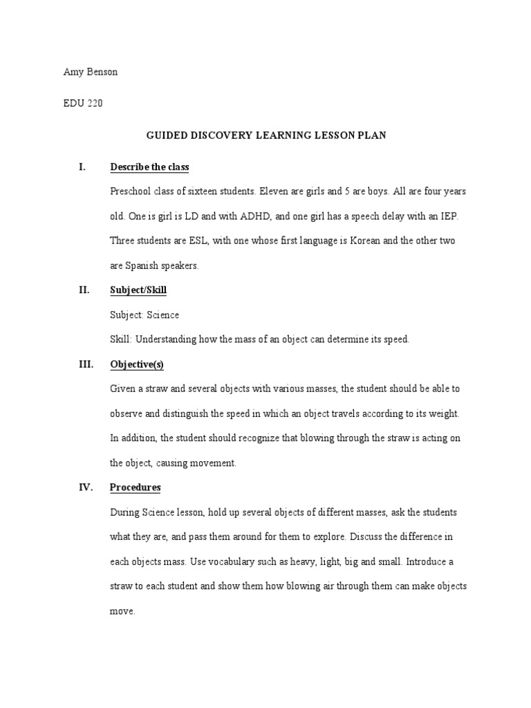 Edu 220 Discovery Learning Lesson Plan | PDF | Lesson Plan | Vocabulary