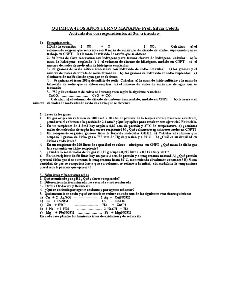 Ejercicios de Química: Estequiometría y Gases | PDF | Gases | Mole (Unidad)