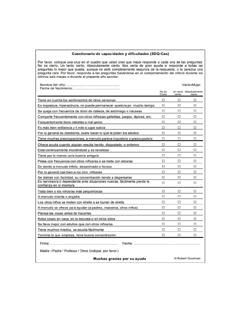 Cuestionario de Capacidades y Dificultades SDQ Cas TDAH | PDF